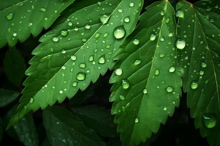 Water droplets on green leaves. Nature background. Selective focus.の素材