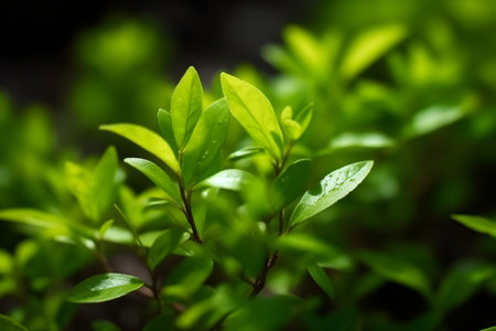 Close up of fresh green leaves in the garden, selective focus.の素材