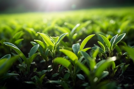 Green tea seedlings growing in the field. Early morning light.の素材