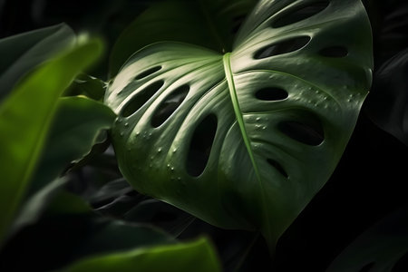Monstera deliciosa leaves on black background, close-upの素材