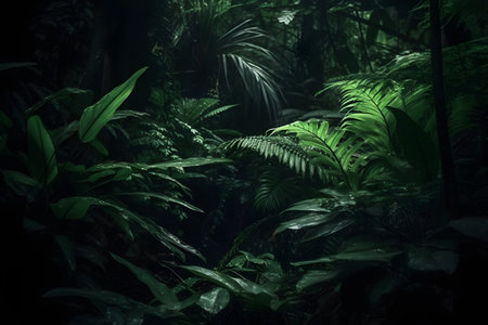 Tropical jungle forest with ferns and leaves in dark toneの素材