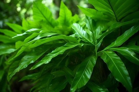 Close up of fresh green fern leaves in tropical forest. Nature backgroundの素材