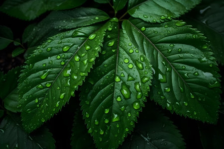 Green leaves with water drops after rain. Natural background. Close up.の素材