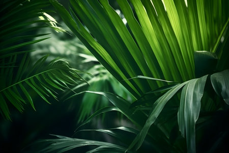 Beautiful green palm leaves on dark background. Tropical nature concept.の素材