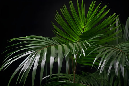 Tropical palm leaves isolated on black background. Copy space.の素材