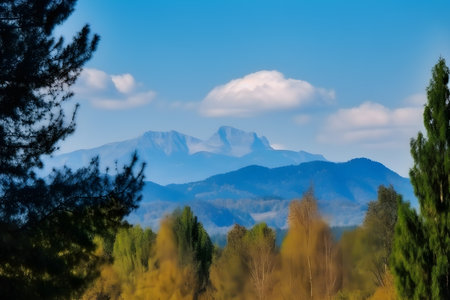 Landscape view of the mountains and the forest in the morning.の素材