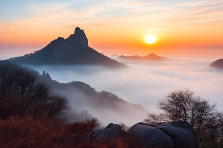 Sunrise over the misty hilly landscape in South Korea.の素材