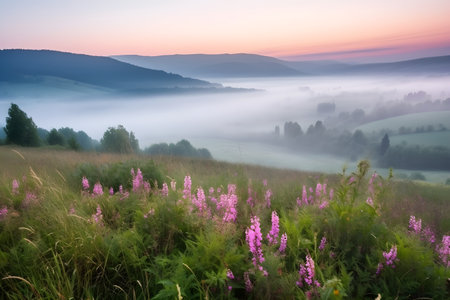 Foggy summer morning in the Carpathian mountains. Ukraine, Europe.の素材
