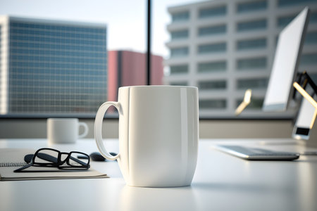 Coffee cup on office table with laptop and notebookの素材