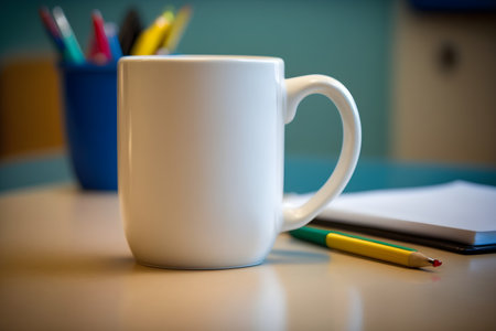 White coffee cup on the desk with pencils and notepad.の素材