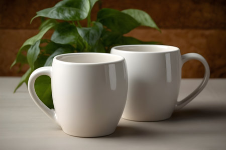 Two white coffee cups on a wooden table with a plant in the backgroundの素材