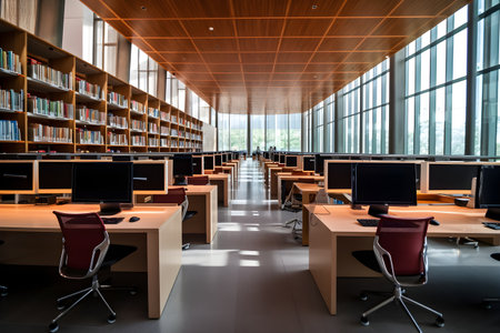 Interior of a modern library with rows of computer desks and chairsの素材