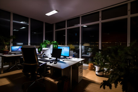 Interior of a modern office at night with a view of the cityの素材