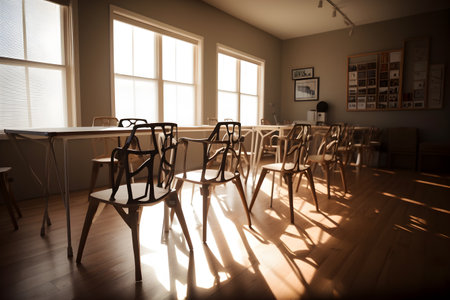 Interior of an empty school classroom with tables and chairs in a rowの素材