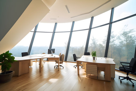 Modern office interior with panoramic window and city view. Nobody insideの素材