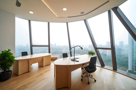 Interior of modern office with panoramic window and city viewの素材