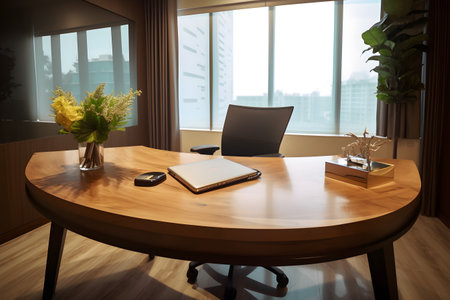 Modern office interior with wooden desk and laptop. Workplace concept.の素材