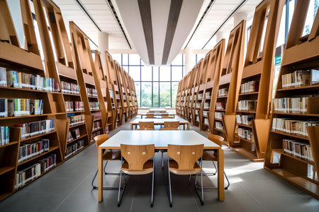 library interior with bookshelves and tables in a modern university libraryの素材