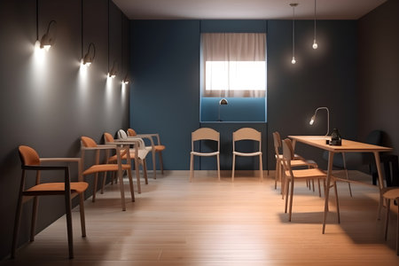 Interior of modern cafe with gray walls, wooden floor and rows of chairsの素材