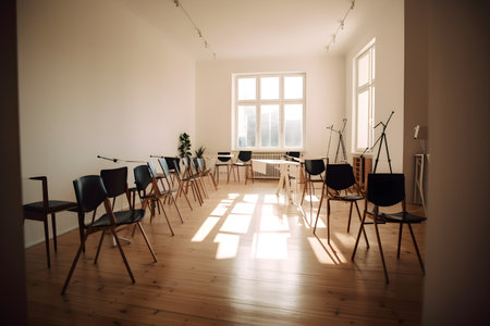 Interior of a conference room with chairs and table in a rowの素材