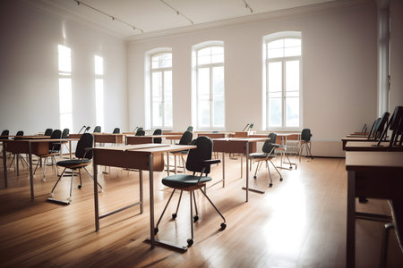 Empty classroom interior with white walls, wooden floor and rows of black chairsの素材