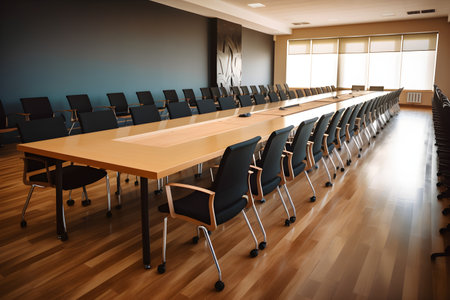 Conference room interior with wooden tables and chairsの素材