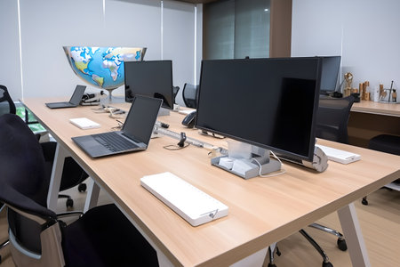 Modern office with computers, monitors and graphics tablet in front of the wallの素材