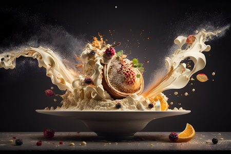 Splash of ice cream with fruits and splashes on a black backgroundの素材