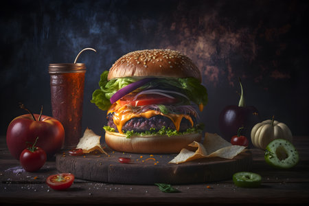 Hamburger with fresh vegetables on a wooden board. Dark background.の素材