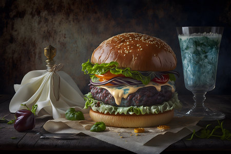 Hamburger with fresh vegetables and cheese on a dark background.の素材