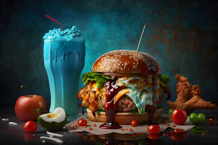 Delicious hamburger with blue milkshake and ingredients on dark backgroundの素材