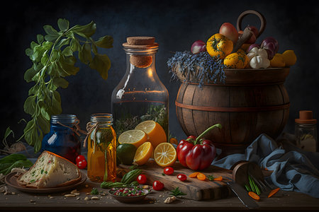 Still life with olive oil, vegetables and spices on a dark backgroundの素材