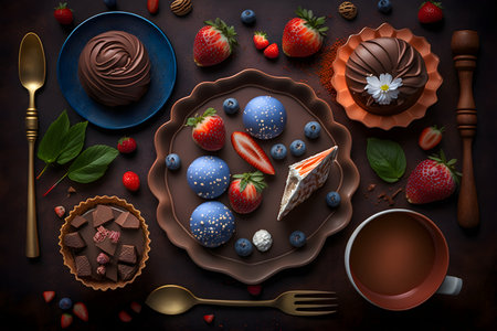 Cup of coffee and chocolate desserts with strawberries on dark background, top viewの素材