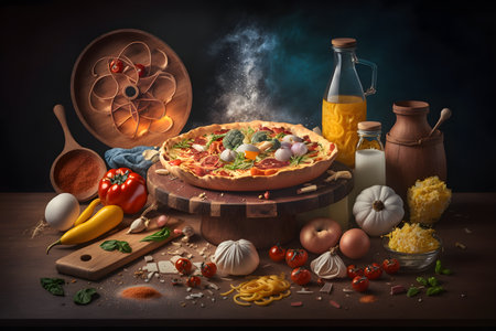 Pizza with ingredients for cooking on a wooden table. Food backgroundの素材