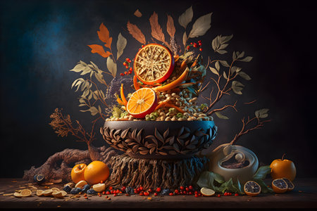 Still life with fruits and berries in a pot on a dark backgroundの素材