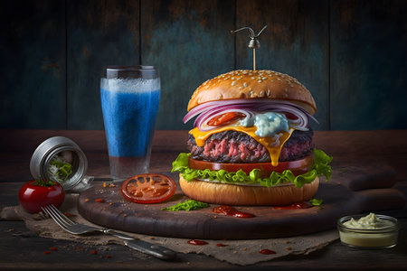 Big tasty hamburger with beef cutlet, cheese, tomato and sauce on wooden backgroundの素材