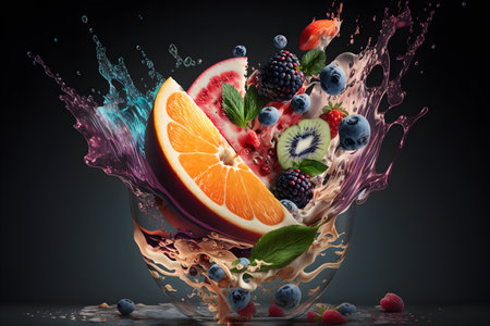 Fruit splashing into a glass with a lot of splashesの素材