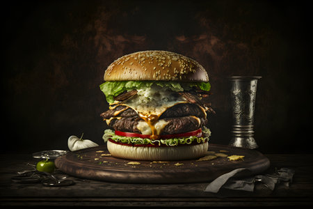 Big hamburger on a wooden board on a dark background with copy spaceの素材