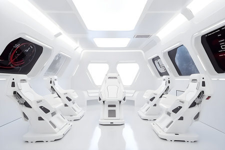 Spaceship interior with white seats and control panel. 3d renderingの素材