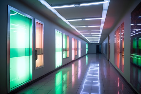 Interior of a hospital corridor with bright neon lightsの素材