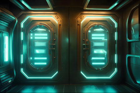 Futuristic spaceship interior with glowing neon lights. 3D Renderingの素材