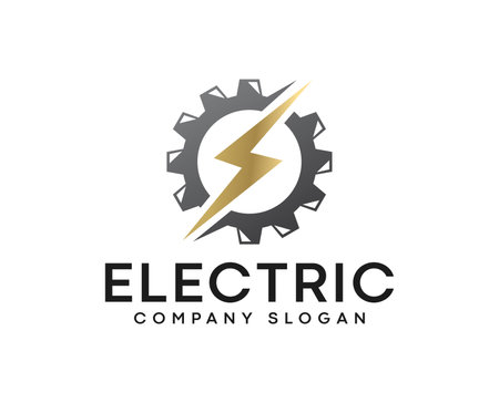 Electric gear logo design. Gear with lightning bolt vector logo design.のイラスト素材