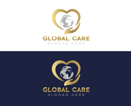 Globe and hand logo design. Heart with globe and hand logo design.のイラスト素材