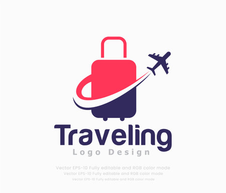 Traveling company logo design template with suitcase and airplane. Vector illustration.のイラスト素材
