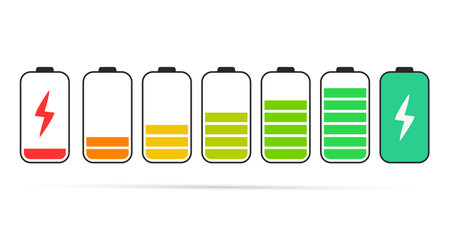 Battery charge level indicator. Green, yellow, orange, red, green colors. Vector illustrationのイラスト素材