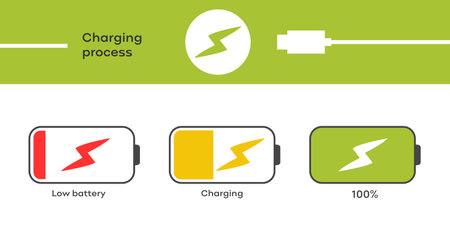Battery charge level indicator. Set of battery charge level indicators. Vector illustrationのイラスト素材