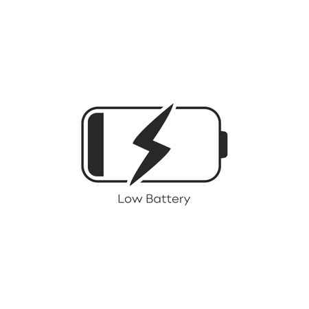 Low battery icon in flat style. Battery charge vector illustration on white isolated background. Power energy business concept.のイラスト素材