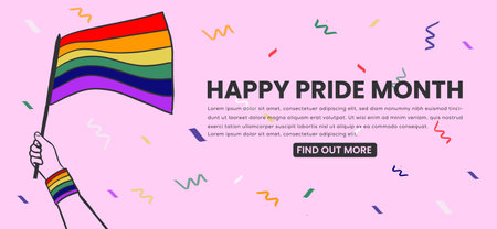 Happy pride month horizontal banner with lgbt flag in hand. Vector illustrationのイラスト素材