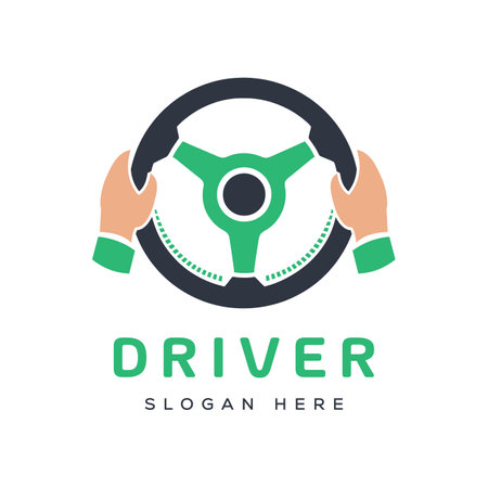 Driver logo with modern concept. Vector illustration of car steering wheel and handsのイラスト素材