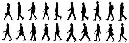 Set of silhouettes of people walking on white background. Vector illustration.のイラスト素材